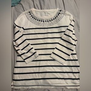 Talbots White and black Striped Long Sleeve Tee with Embellished Neckline